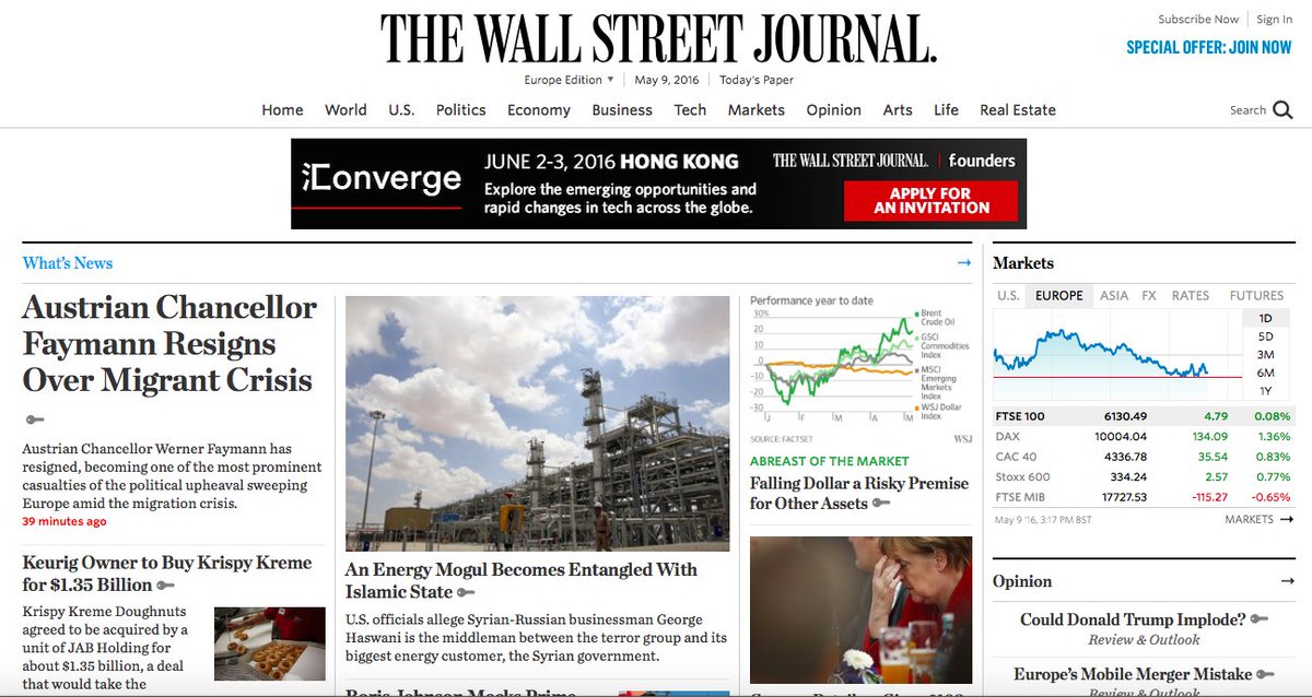 Österreich als Spitzenmeldung der <a href="/WSJ/">The Wall Street Journal</a>. Auch nicht oft so. #Faymann