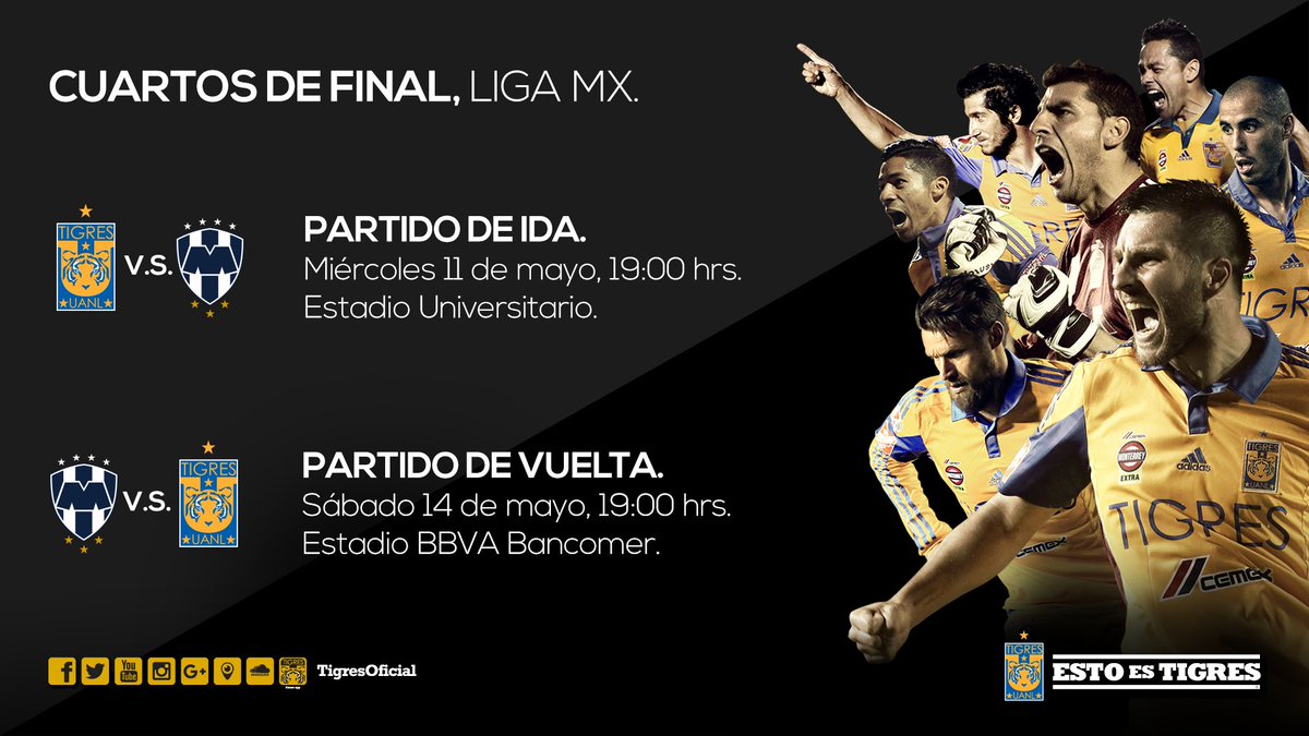 TigresOficial's tweet photo. Aquí los horarios de los partidos de Cuartos de Final entre @TigresOficial vs. @Rayados #VamosTigres #TigresPorElBi https://t.co/TLTAP97fW2