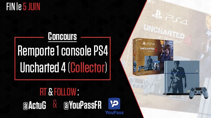 ActuG's tweet photo. #Concours : On vous fait gagner la PS4 Collector #Uncharted4 !

Pour jouer, #Follow @ActuG + @YouPassFR et RT https://t.co/9wqLvIEWqk