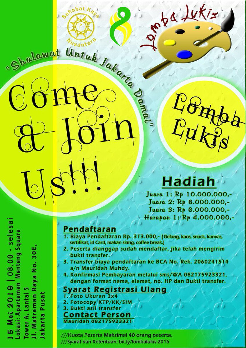 lizaaa23's tweet photo. Ikutilah Lomba Lukis dengan tema "Shalawat Untuk Jakarta Damai" dengan total hadiah Puluhan Juta Rupiah! #lombalukis https://t.co/E85H8HUJnm