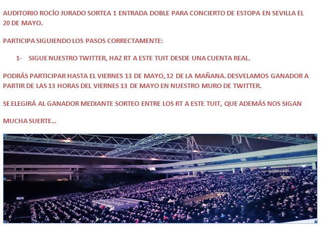 AudRocioJurado's tweet photo. SORTEO!
1entrada doble en Twitter para concierto #Estopa #Sevilla
HAZ RT AL TUIT Y SÍGUENOS! RESULTADO VIERNES 13/05 https://t.co/B3xyblYyFG