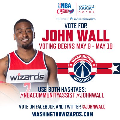 WashWizards's tweet photo. Voting for the #NBACommunityAssist Award is underway! Vote #JohnWall!

1 RT = 1 Vote

MORE: https://t.co/Fz6omeacNd https://t.co/PgJ1d75cnm