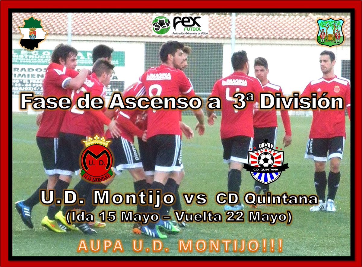 UDMONTIJO's tweet photo. 1ª ELIMINATORIA ASCENSO A 3ª DIVISION
CD Quintana (4º,G.3) vs UDM (1º,G.2)
Nos vamos a la Ciudad del Granito https://t.co/w58qHDeeD1