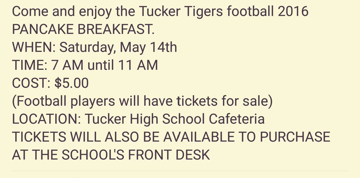 TuckerFootball's tweet photo. Tucker Football 2016 annual pancake breakfast May 14th. This Saturday https://t.co/sWuG7FO6M1