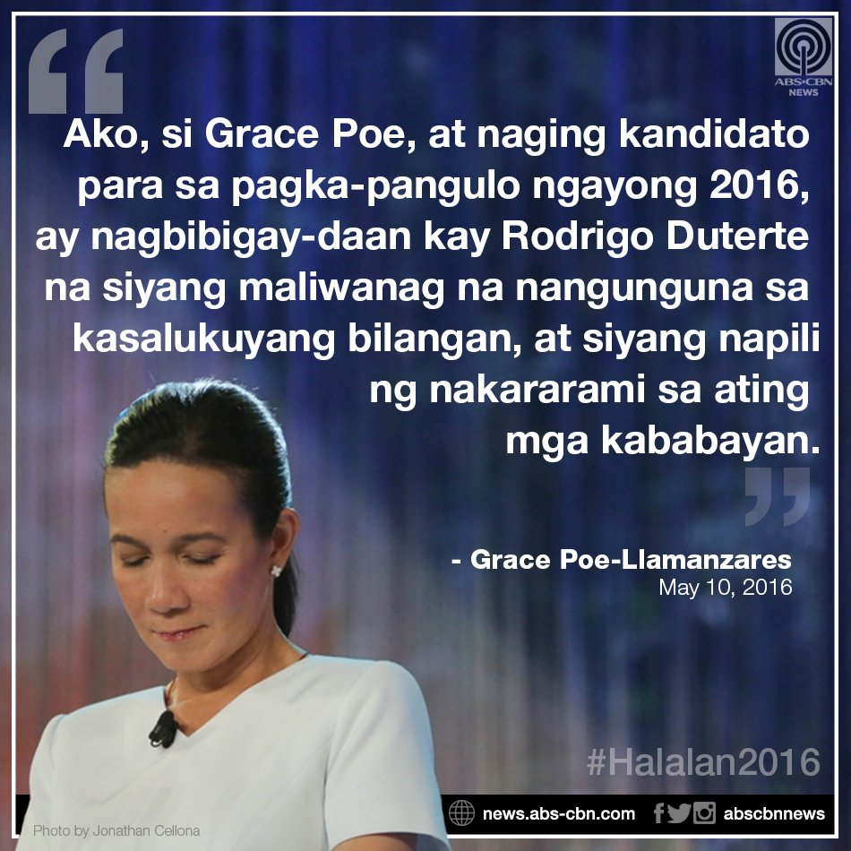 ABSCBNNews's tweet photo. Sen. Grace Poe concedes to rival Davao City Mayor Rodrigo Duterte. #Halalan2016 #HalalanResults https://t.co/g3LEdcA7QW