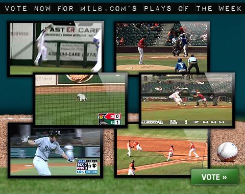 MiLB's tweet photo. A quick-thinking flip and a gravity-defying grab are in contention for top play. Vote now! https://t.co/sT44j6aW3r https://t.co/PJM3pqQo12