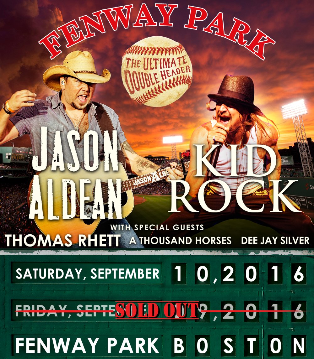 KidRock's tweet photo. Kid Rock and @Jason_Aldean have added a 2nd date at Fenway Park in Boston on 9/10! Details: https://t.co/dl1Qdyh2En https://t.co/wUy04pbhtU