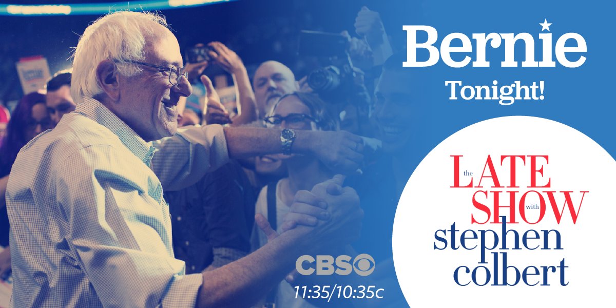 BernieSanders's tweet photo. Tune in tonight at 11:35pm EST to the @colbertlateshow. https://t.co/C6OH3SzNxJ