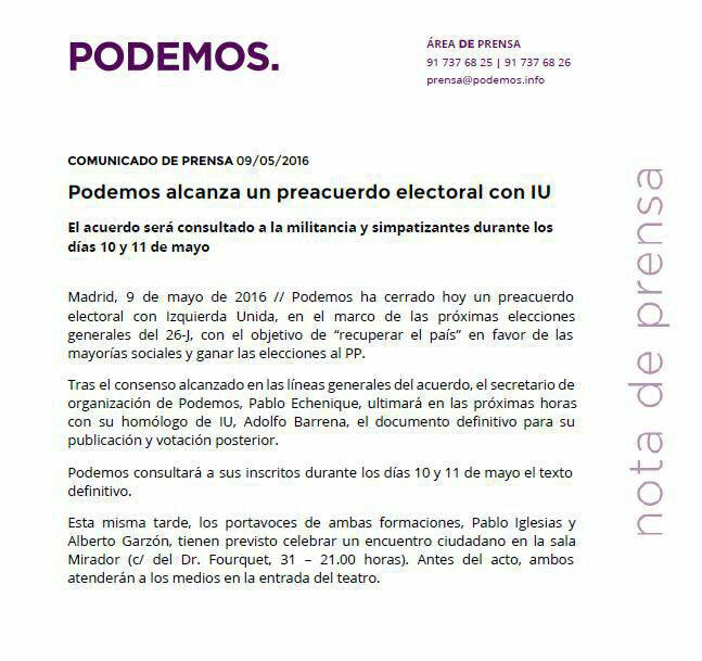 Votación para refrendar el acuerdo, mañana 10 y pasado, miércoles 11, en participa.podemos.info
#SumamosParaGanar