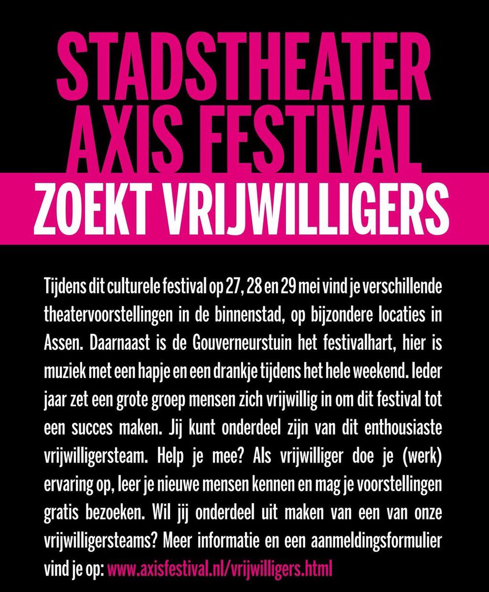 Wie komt ons versterken ? Grijp nu je kans om mee te werken aan een succesvol #theater #festival. Meld je snel aan!