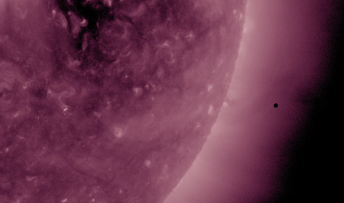 NASASun's tweet photo. The #MercuryTransit may be over, but the planet is just visible off the sun's edge in these #SDO images! https://t.co/0dVpwONuPE