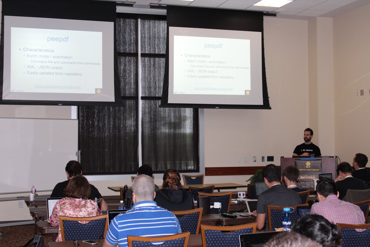 ProjectHoneynet's tweet image. Jose Esparza showing how to analyze a malicious PDF, extract shellcodes and automate analysis with Peepdf #HNW2016