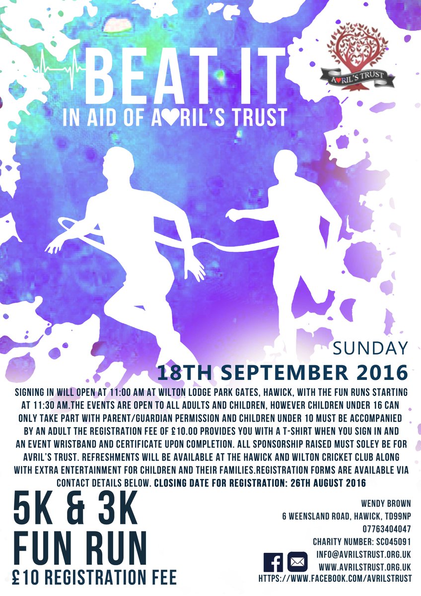 AvrilTrust's tweet photo. 5K &amp; 3K 'BEAT IT' Fun Run in Aid of Avril's Trust, Registration £10, forms available from info@avrilstrust.org.uk https://t.co/RUhLerYVaI