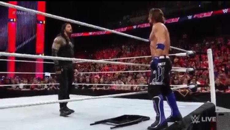 WWESEAsia's tweet photo. Mic Drop?
No, #ChairDrop!
@WWERomanReigns @AJStylesOrg #RAW https://t.co/aPfgiWFkzY