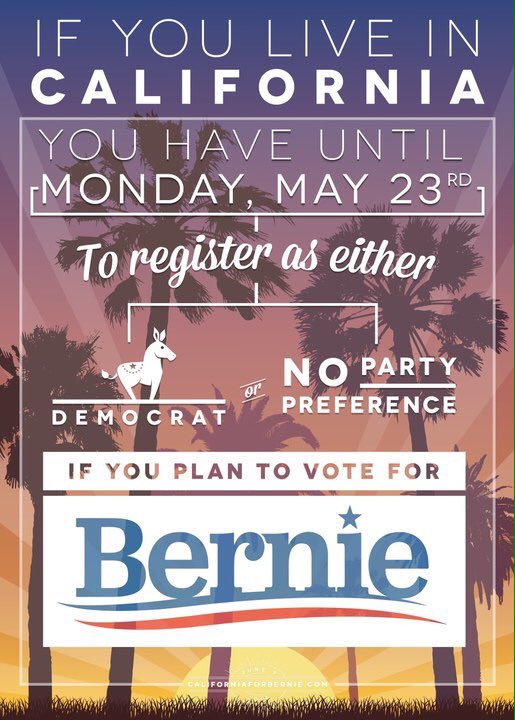 progressivism24's tweet photo. Sacramento, want to vote Bernie? Reg. DEMOCRAT or NO PARTY PREFERENCE by May 23rd. #BernieInSacramento #CAforBernie https://t.co/3onyQHoQpG