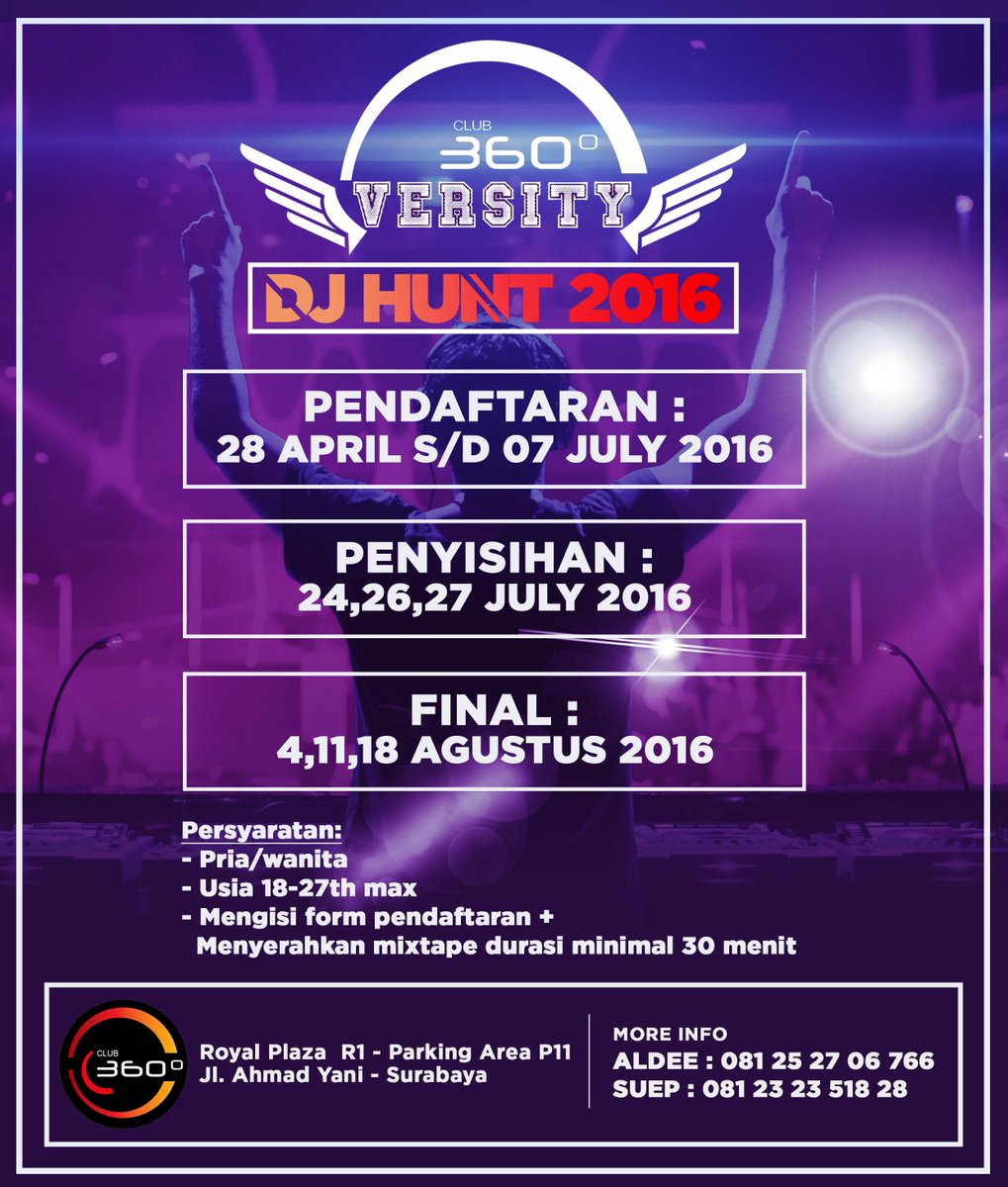 360Versity DJ Hunt is on <a href="/360_Club/">Club 360°</a>
<a href="/SurabayaKita/">Surabaya Kita</a> <a href="/CLUBBERS_SUB/">Clubbers Surabaya</a> <a href="/SBYParty/">SBY Party Sounder</a> <a href="/eventsurabaya/">Event Surabaya</a> <a href="/EDMsurabaya/">EDM SURABAYA</a>
#Surabaya