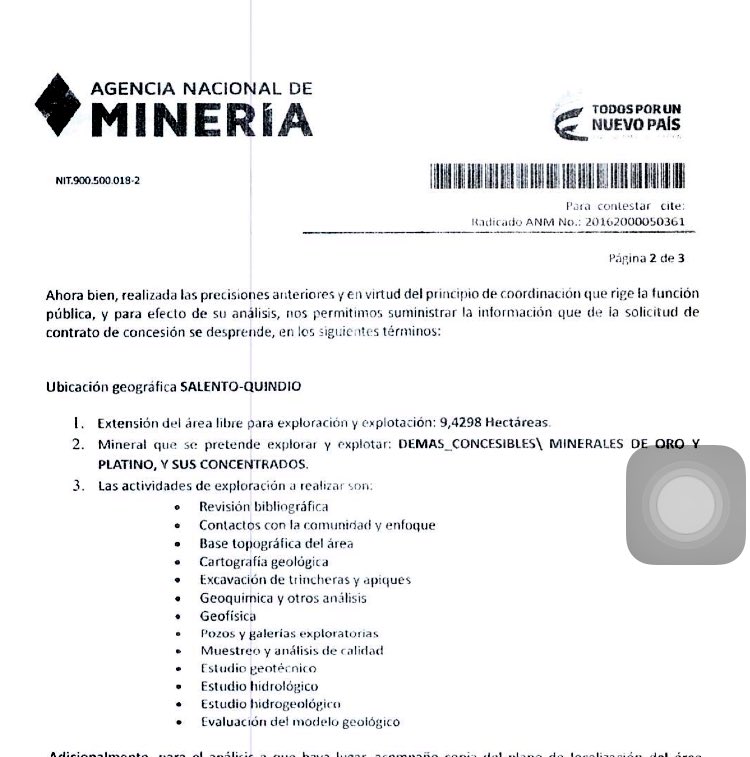Nuestro comunicado sobre #Salento y copia de la consulta al Alcalde sobre solicitud área 9 Has. en su municipio.
