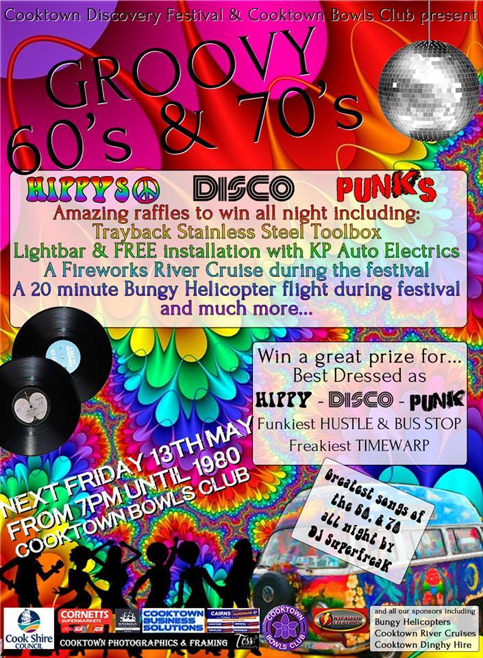 discoveryfest16's tweet photo. #groovy 70s #disco this Friday @mycooktown! Come join us @kerstinkehren @AdventureMumma @WalkaboutFNQ @ABCFarNorth https://t.co/yfIChbXFI5