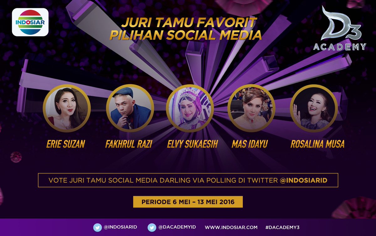 Indosiar's tweet photo. Vote juri tamu #DAcademy3 supaya jadi favorit social media! Klik https://t.co/yyEMiwXkqk dan https://t.co/2J8VbUMGs2 https://t.co/lCbKXeTfxq