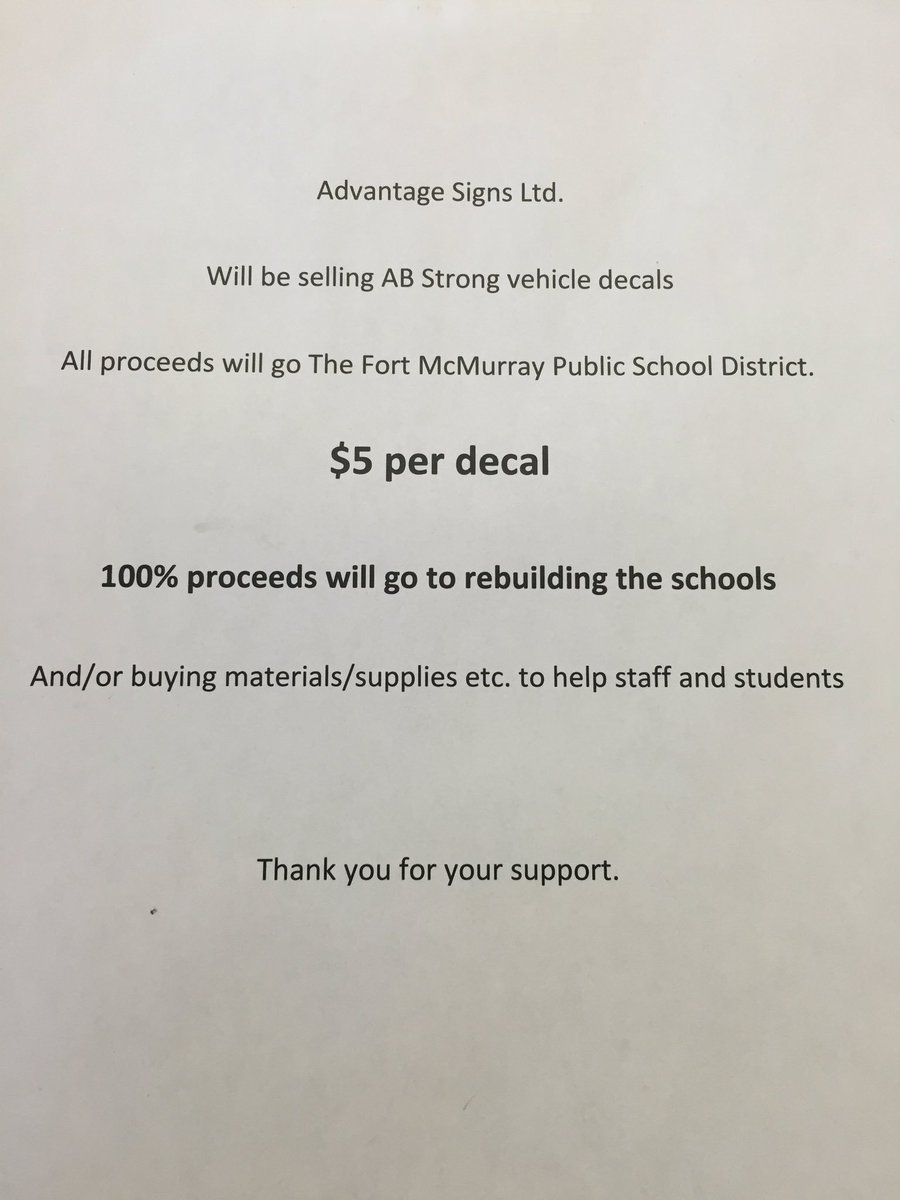 CMHAWB's tweet photo. @FMPSD @AdvantageSigns in Fort Sask are donating funds to help with any damages #ymmstrong #AlbertaStrong #thankful https://t.co/bX2ZcNAvaJ