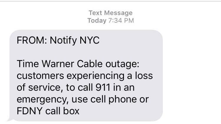 shnayerson's tweet photo. Useful advice for those too poor for a cell or disabled. Not that THEY'D ever need 911, right? ๐ #TWCoutage https://t.co/fEhwCTfN5E