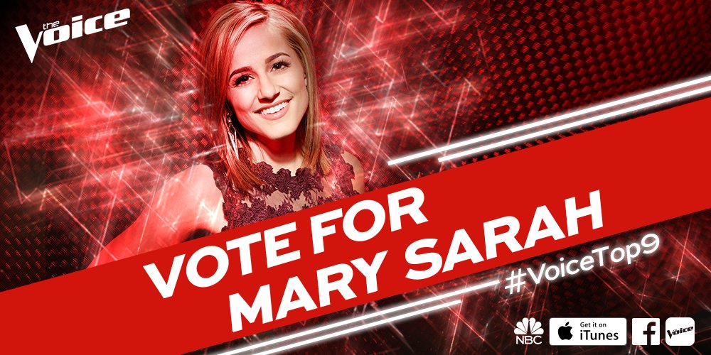 The Voice (@NBCTheVoice) on Twitter photo 2016-05-10 00:21:40 If @MarySarahMusic hit all the right notes, RETWEET so she knows she has your votes. #TeamBlake #VoiceTop9 If @MarySarahMusic hit all the right notes, RETWEET so she knows she has your votes. #TeamBlake #VoiceTop9