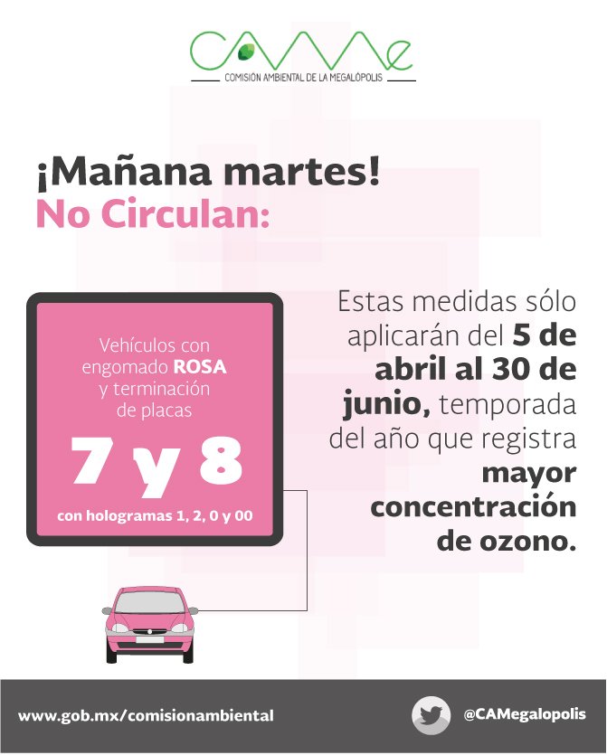 locatel_mx's tweet image. Mañana Martes, dejan de circular vehículos con engomado rosa terminación de placas 7 y 8. Vía @CAMegalopolis