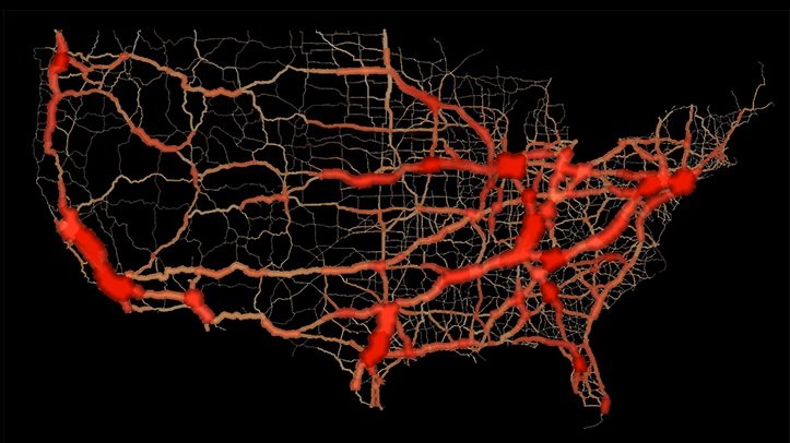 #GeoawesomeMapOfTheDay #Map of the flow of #traffic through U.S. highways ow.ly/MBjA30018dJ