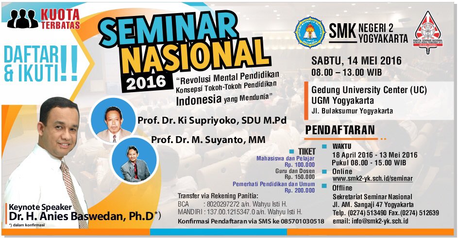 Ayo daftar &amp; ikuti Seminar Nasional oleh SMK Negeri 2 Yogyakarta di UC UGM! Daftar online di smk2-yk.sch.id/seminar/