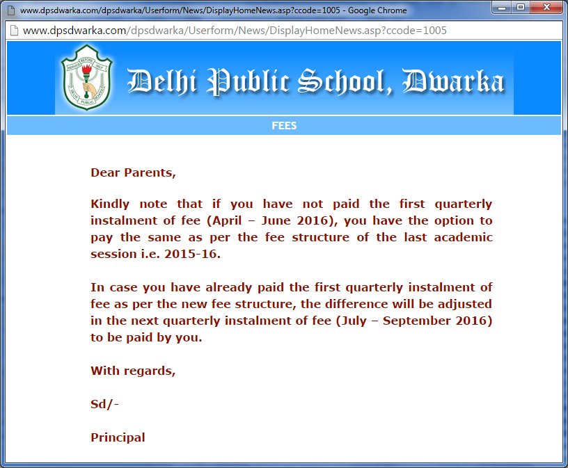 dpsdwarkaparent's tweet photo. @msisodia sir - big thank you for ALL d parents of DPS Dwarka. School has rolled back d fee hike. https://t.co/saNSZaICeR
