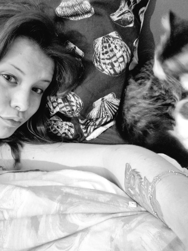 Dae_May's tweet photo. Waking up with my baby #tattoochicks #cats #piercingnana #septum #shells #blackandwhitephotography https://t.co/H68tb0lPlo
