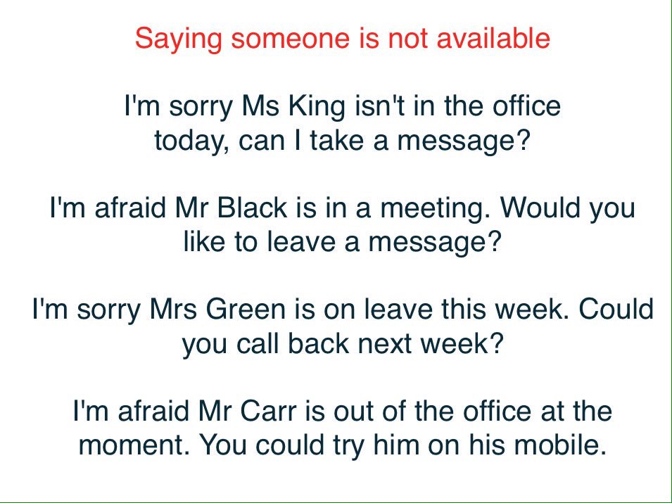 eflforlife's tweet photo. #learnenglish #English #inglรฉs
Telephone English: Saying someone is not available. https://t.co/uAJZVwVxMA