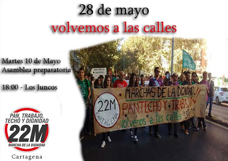 Marchas22M_CT's tweet photo. Recuerda que te esperamos en los Juncos a las 18:00 para preparar la movilización del 28 #Cartagena https://t.co/DH0EROyODr