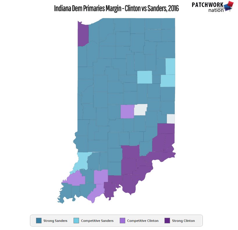 PatchworkNation's tweet photo. Check out Indiana Dem #Primaries Margin or make your own state map w/ new #PWNation feature https://t.co/TFQtuuu81q https://t.co/ZxiMs4qU2X