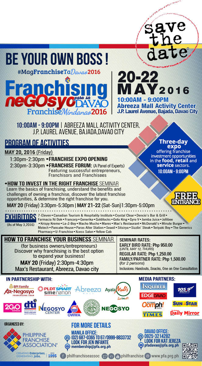 philfranchise's tweet photo. #franchiseph
#SeeYouAtFranchiseDavaoExpo2016 #FranchiseDavaoAbreezaMallMay20to22 https://t.co/5FsGK8mFj9