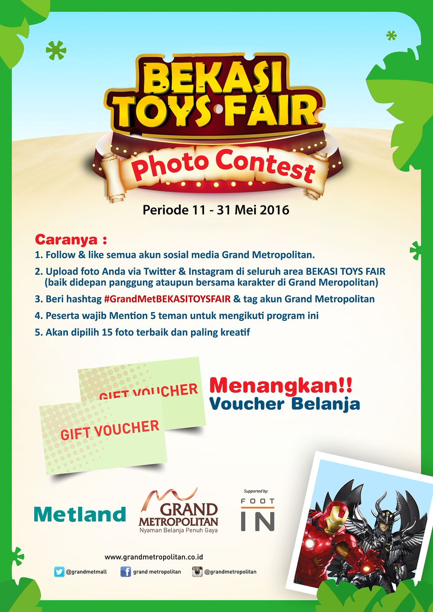 Yuk ikutan #GrandMetBEKASITOYSFAIR !
Ikuti caranya &amp; menangkan voucher-voucher belanja! <a href="/metlandcard/">Metland Card</a> <a href="/Footin_shoes/">Footin</a>