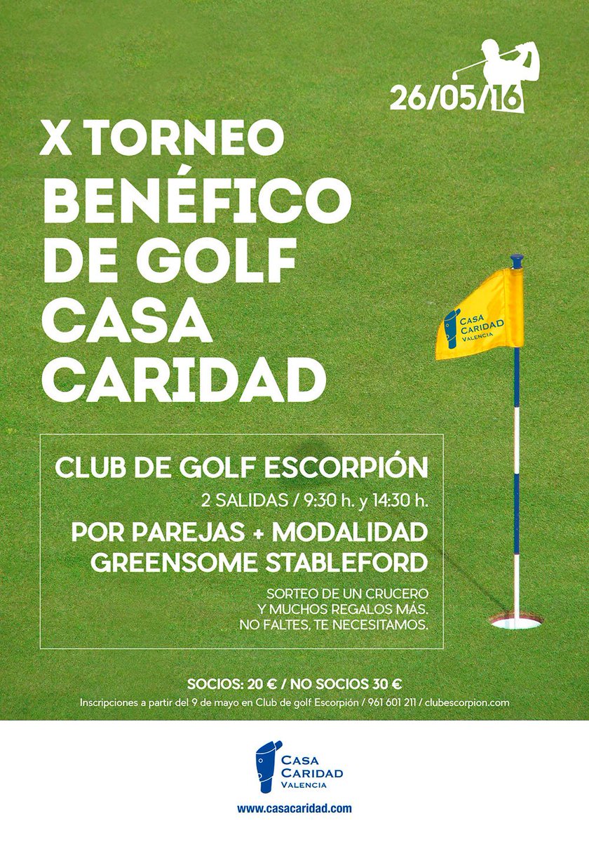 Colaboramos en el TORNEO DE GOLF SOLIDARIO <a href="/CasaCaridadOng/">Casa Caridad</a> 26 mayo <a href="/GolfEscorpion/">Club Golf Escorpion</a> ¡Apúntate! bit.ly/1ZA0KZH