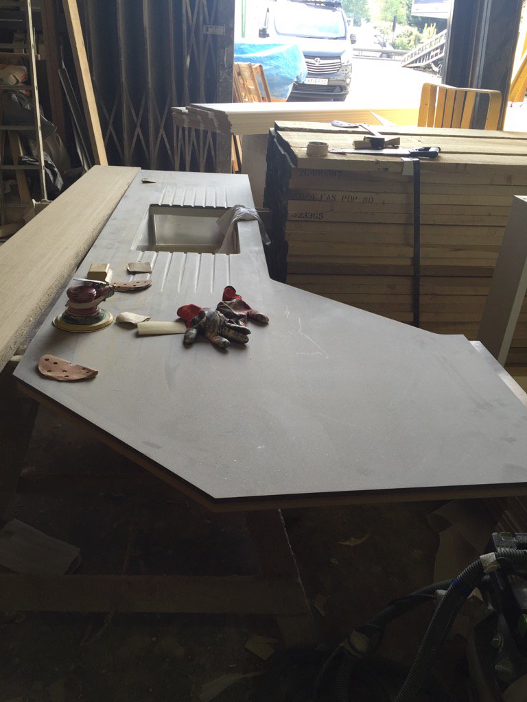 pbsgroupuk's tweet photo. Bespoke #Corian worktop mid-fabrication #pbsjoinery #worktops #kitchens #blancosink #drainergrooves #construction https://t.co/YVFkBwHk1S