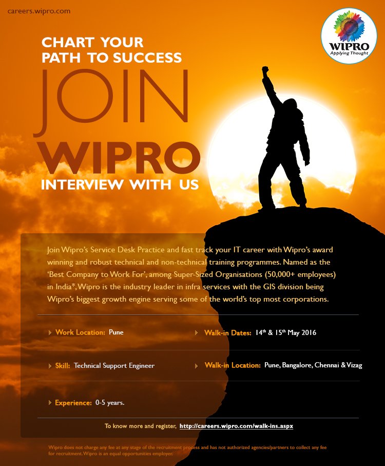 Mega Walk-in @ Wipro for Technical Service Desk on 14th &amp; 15th May 2016. Register careers.wipro.com/walk-ins.aspx