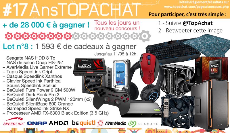 TopAchat's tweet image. Concours #17AnsTopAchat

1 593 € à gagner avec le #Lot8 !

Pour participer, RT + Follow @TopAchat :-)