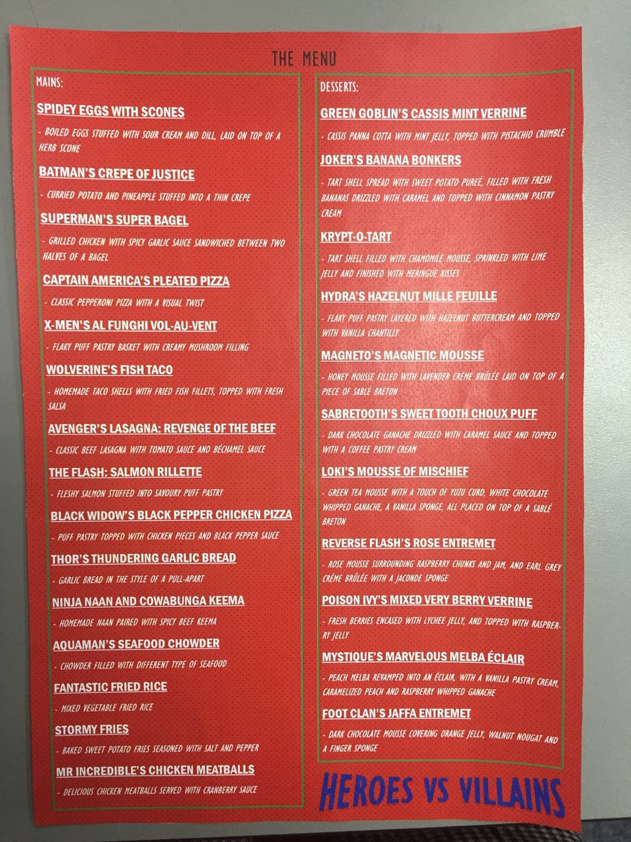 Ernieeeee_'s tweet photo. OUR MARVEL-OUS MENU FOR OUR EVENT CATERING ON THE 18TH OF MAY #SHATEC #DPB0116U #EVENTCATERING #HEROESVSVILLAINS 💪 https://t.co/ZyiFQKmHZC