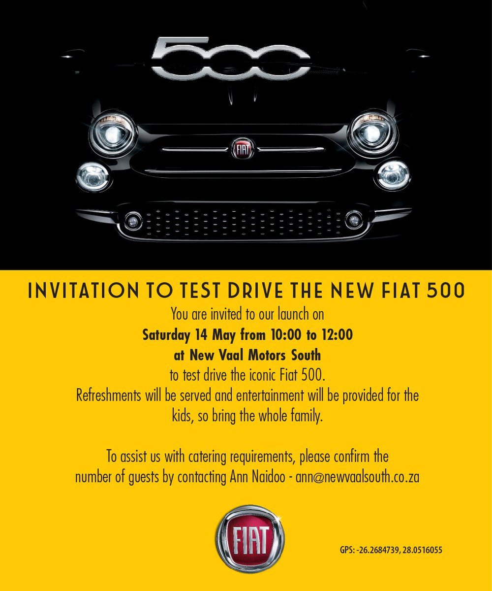 AnnVaal's tweet photo. New Vaal South Motors - Holding our launch  this Saturday for the all new #Fiat500, RSVP ann@newvaalsouth.co.za https://t.co/RAzDkyp6AV