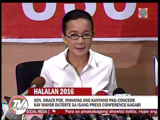 TVPatrol's tweet image. #TVPatrol Sen. Grace Poe, inihayag ang kanyang pag-concede kay Mayor Duterte sa isang press conference kagabi