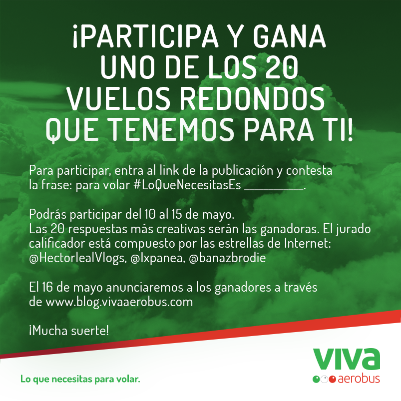 VivaAerobus's tweet photo. RT ¡Participa y gana 1 de los 20 vuelos! Entra a 👉 https://t.co/hTjoPbqYEO y contesta: para volar #LoQueNecesitasEs https://t.co/swO5JRF1TS