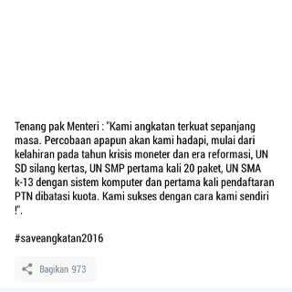 dwnprdna's tweet photo. angkatanku kuat pak @Kemendikbud_RI #saveangkatan2016 https://t.co/J4VPb4R7AJ