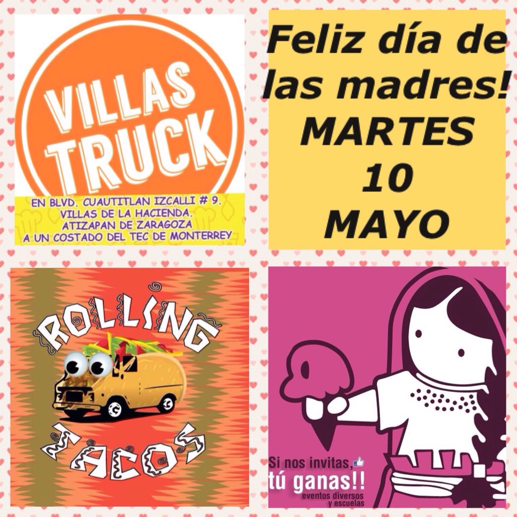 Feliz día mamitas!
Martes, tacos aguas paletas helados a un costado del <a href="/ITESMCEM/">Tec Estado de México</a>