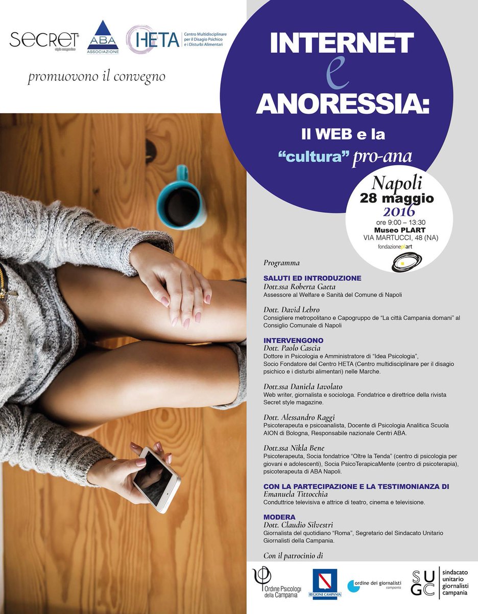 AlessandroRaggi's tweet photo. #Anoressia "Il #web e la cultura Pro-Ana" convegno gratuito |28 Maggio @fondazioneplart #Napoli con @emytittocchia https://t.co/bsh1dmo6DX