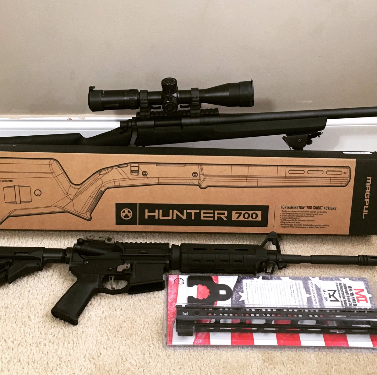 Soon, Hunter 700 stock  for the Remington 700.AR15 needed an upgrade so I went with a Midwest industry rail.