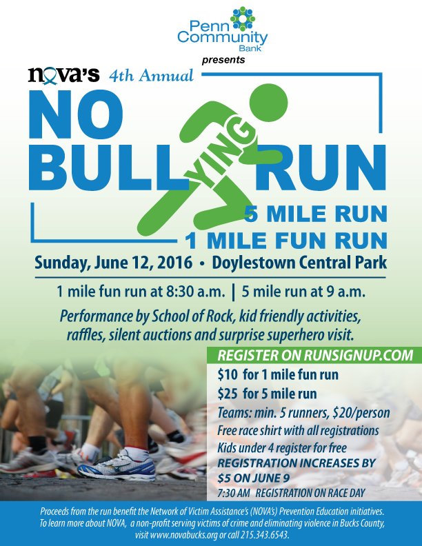 novabuckscounty's tweet photo. RT? 71% of students say bullying is a problem. Join us!
 #nobullrun https://t.co/MHNucggrw9   @kathyromanowmmr https://t.co/EX1eTwDu8c