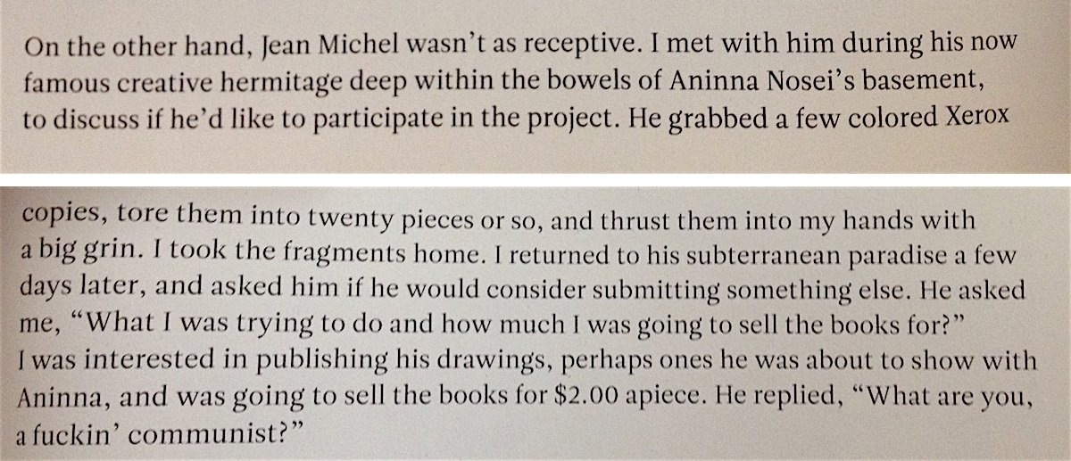 tiernanbambam's tweet photo. One of my favorite excerpts from 'A book About Colab' - @JSLewis3 on attempting to publish Jean-Michel Basquiat https://t.co/LwVM7GoH9A